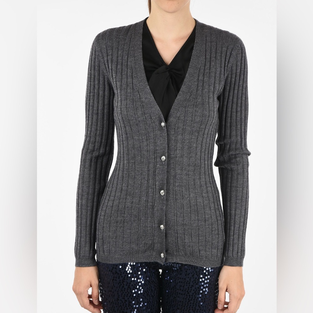 Miu Miu Women's Ribbed Gray Jeweled Sweater